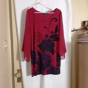 Style & Co Red/Black Floral Tunic, Long Angel like Sleeves are semi sheer LG